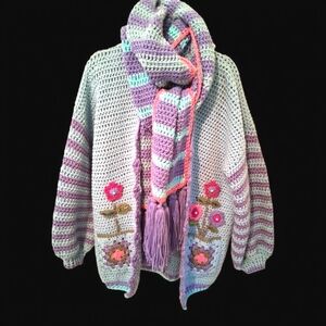 Crochet Flower Beaded Sequin Sweater with matching Scarf L/X:L